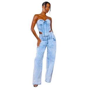 PLT PrettyLittleThing Acid Wash Seam Detail Corset Waist Jeans Size 12